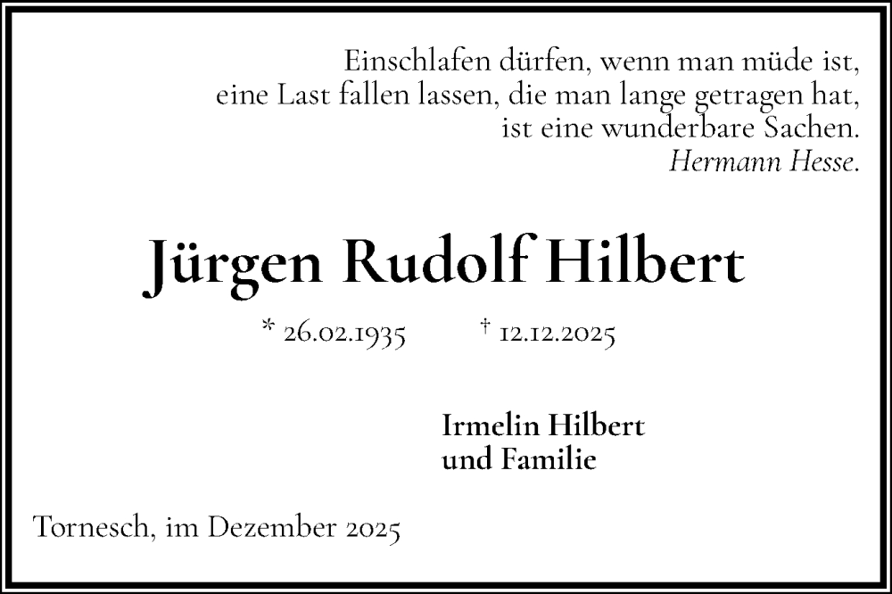  Traueranzeige für Jürgen Rudolf Hilbert vom 20.12.2025 aus Uetersener Nachrichten, Der tip am Wochenende