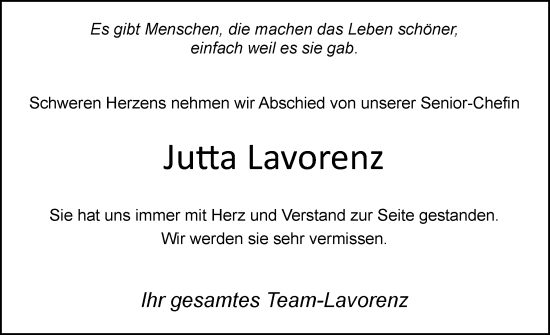 Traueranzeige von Jutta Lavorenz von Uetersener Nachrichten, Der tip am Wochenende