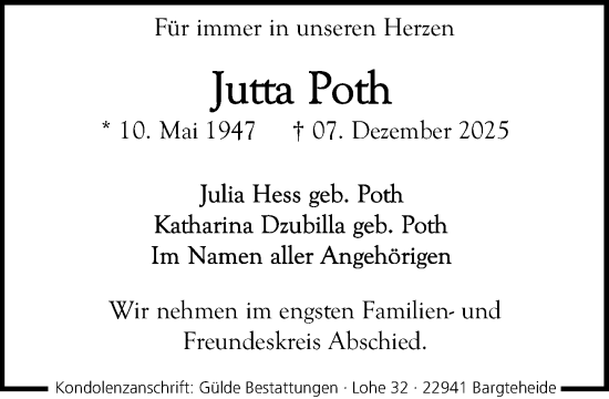 Traueranzeige von Jutta Poth von MARKT Ahrensburg/Bargteheide/Trittau und Stormarner Tageblatt