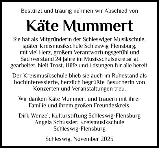 Traueranzeige von Käte Mummert von Schleswiger Nachrichten, Schlei-Bote
