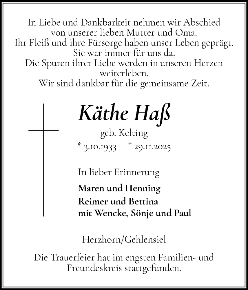  Traueranzeige für Käthe Haß vom 13.12.2025 aus Region Steinburg-Elmshorn