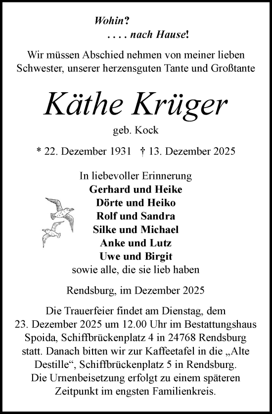 Traueranzeige von Käthe Krüger von Schleswig-Holsteinische Landeszeitung