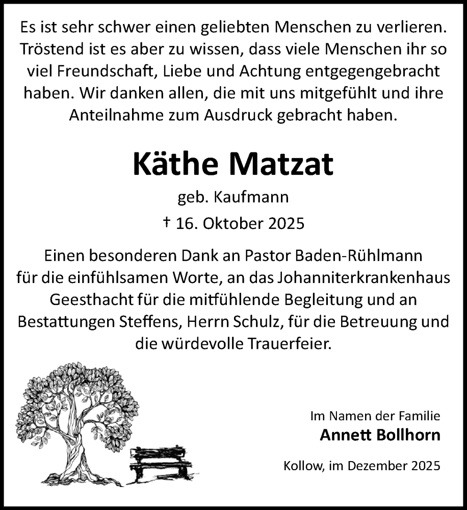  Traueranzeige für Käthe Matzat vom 06.12.2025 aus Wochenend Anzeiger