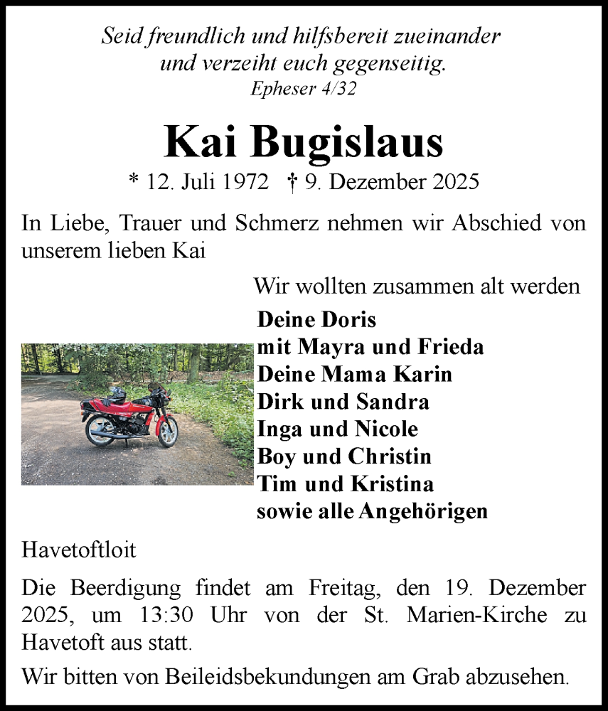  Traueranzeige für Kai Bugislaus vom 13.12.2025 aus Flensburger Tageblatt, Schleswiger Nachrichten, Schlei-Bote