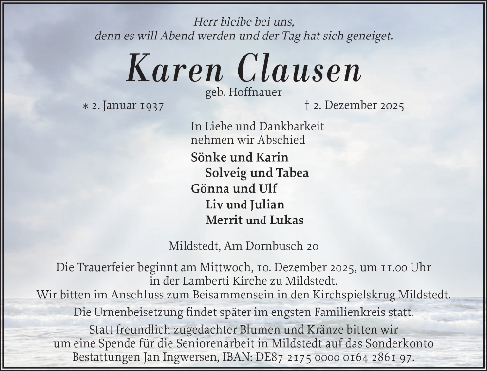  Traueranzeige für Karen Clausen vom 06.12.2025 aus Husumer Nachrichten, Nordfriesland Tageblatt