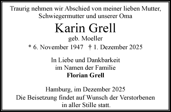 Traueranzeige von Karin Grell von MARKT Ahrensburg/Bargteheide/Trittau und Stormarner Tageblatt