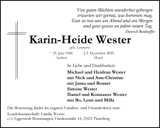 Traueranzeige von Karin-Heide Wester von Region Pinneberg und tip Pinneberg