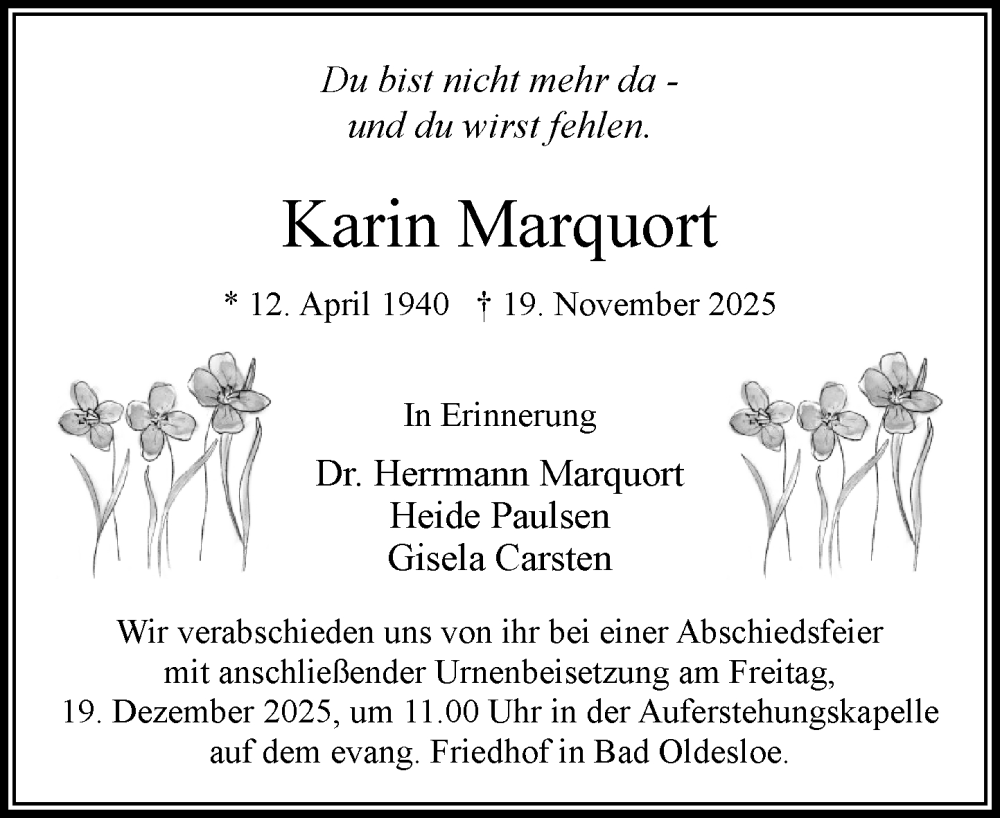 Traueranzeige für Karin Marquort vom 06.12.2025 aus MARKT Bad Oldesloe/Reinfeld und Stormarner Tageblatt
