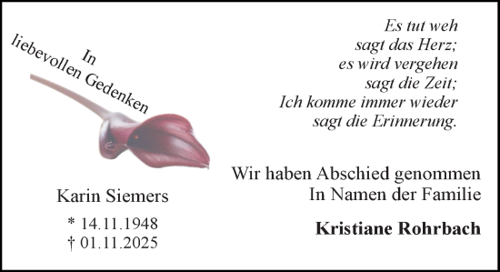 Traueranzeige von Karin Siemers von MARKT Ratzeburg/Mölln