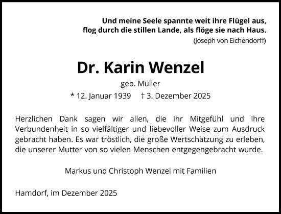 Traueranzeige von Karin Wenzel von Schleswig-Holsteinische Landeszeitung