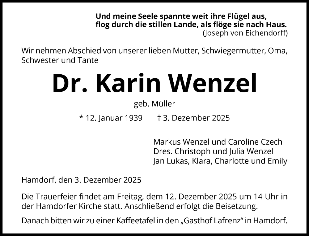  Traueranzeige für Karin Wenzel vom 09.12.2025 aus Schleswig-Holsteinische Landeszeitung