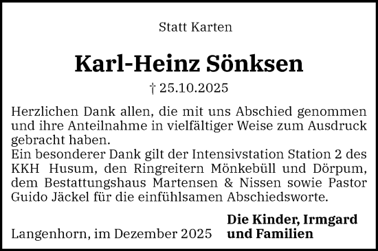 Traueranzeige von Karl-Heinz Sönksen von Husumer Nachrichten, Nordfriesland Tageblatt