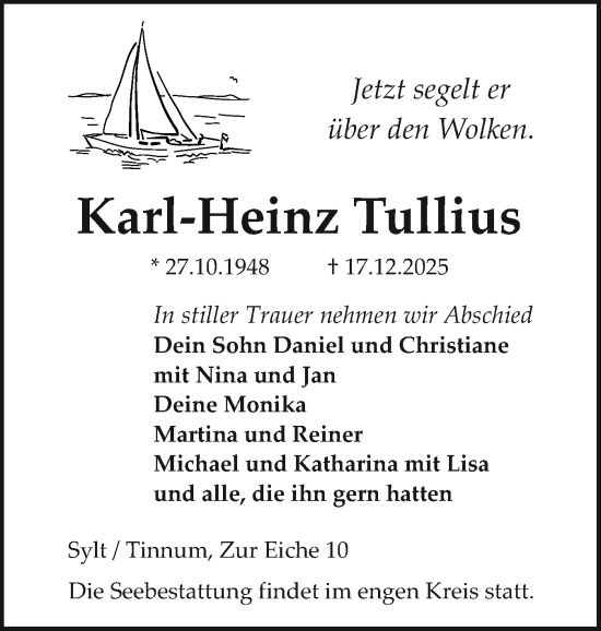 Traueranzeige von Karl-Heinz Tullius von Sylter Rundschau