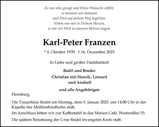 Traueranzeige von Karl-Peter Franzen von Flensburger Tageblatt