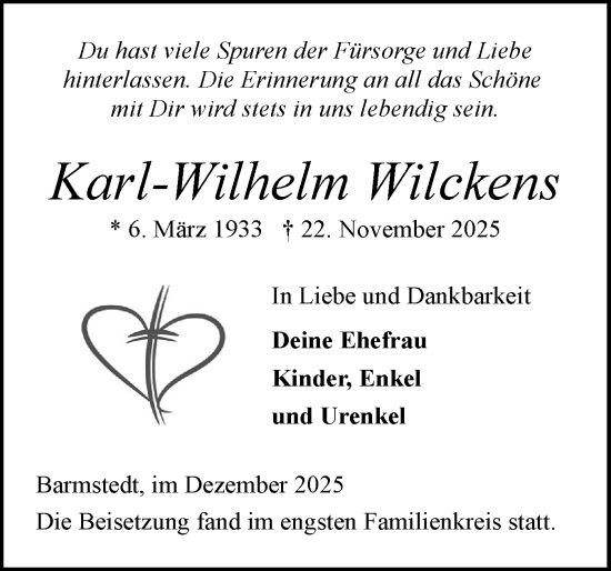 Traueranzeige von Karl-Wilhelm Wilckens von Elmshorner Nachrichten, Barmstedter Zeitung