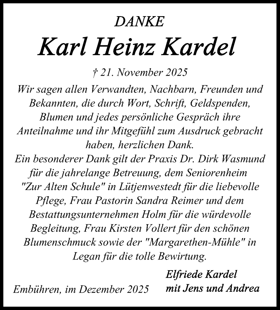  Traueranzeige für Karl Heinz Kardel vom 13.12.2025 aus Schleswig-Holsteinische Landeszeitung