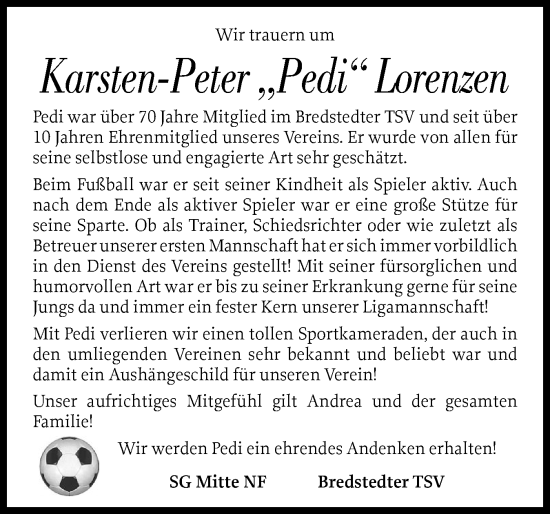 Traueranzeige von Karsten-Peter Lorenzen von Husumer Nachrichten, Nordfriesland Tageblatt