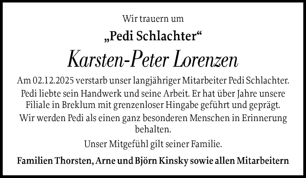  Traueranzeige für Karsten-Peter Lorenzen vom 11.12.2025 aus Husumer Nachrichten, Nordfriesland Tageblatt