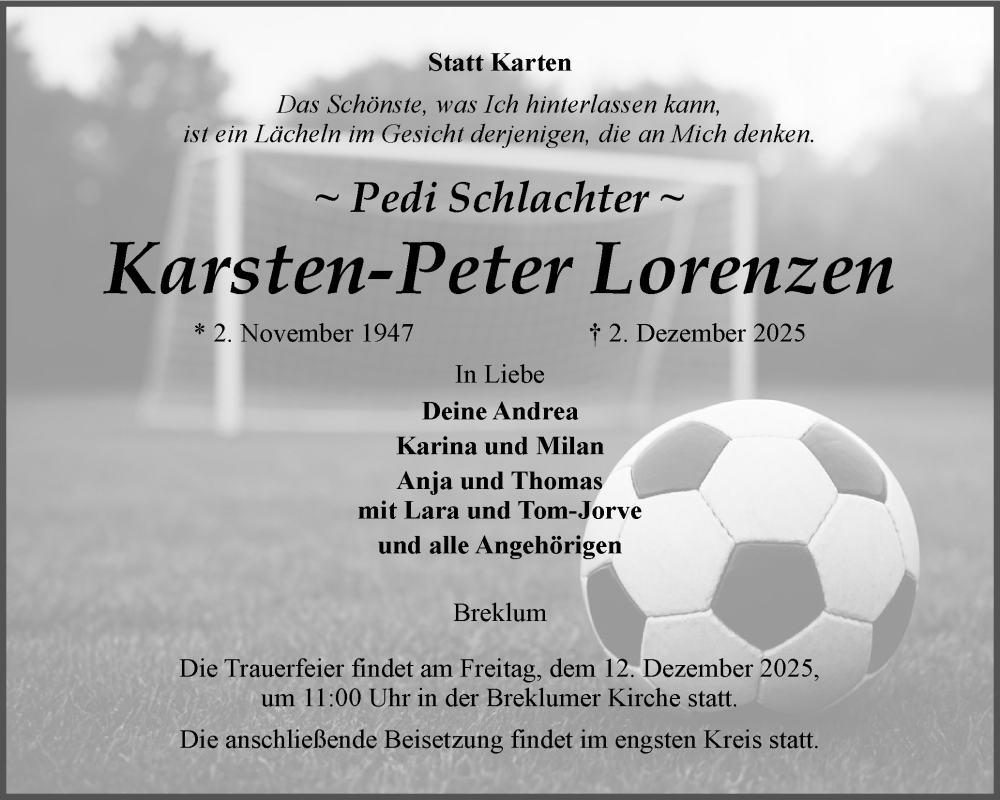  Traueranzeige für Karsten-Peter Lorenzen vom 06.12.2025 aus Husumer Nachrichten, Nordfriesland Tageblatt