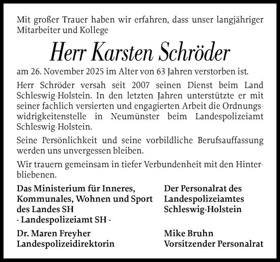 Traueranzeige von Karsten Schröder von Holsteinischer Courier