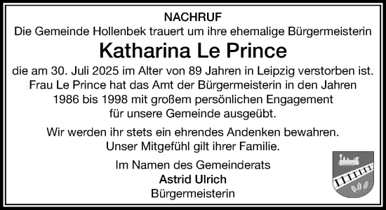 Traueranzeige von Katharina Le Prince von MARKT Ratzeburg/Mölln