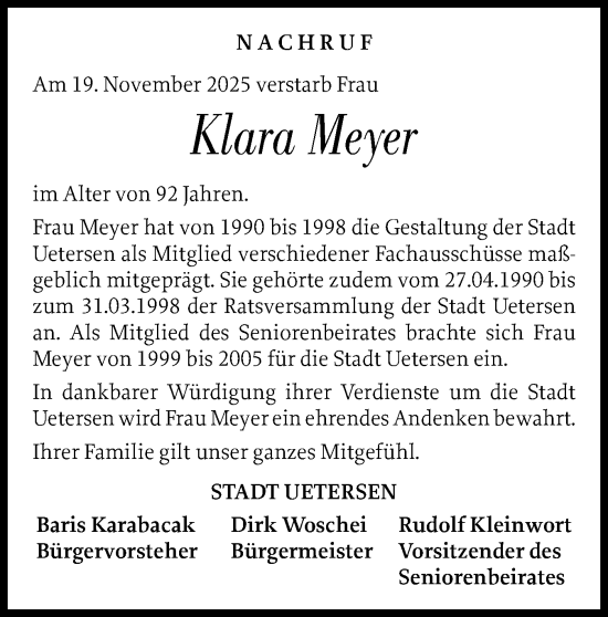 Traueranzeige von Klara Meyer von Uetersener Nachrichten, Der tip am Wochenende