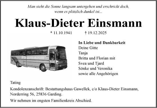 Traueranzeige von Klaus-Dieter Einsmann von Husumer Nachrichten, Nordfriesland Tageblatt