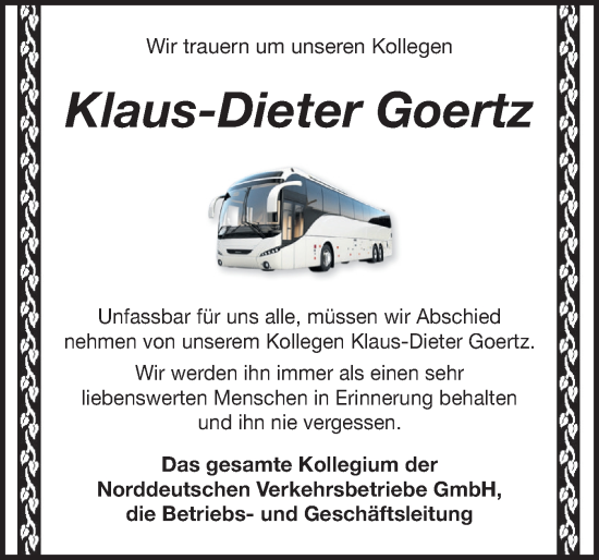 Traueranzeige von Klaus-Dieter Goertz von Schleswig-Holsteinische Landeszeitung