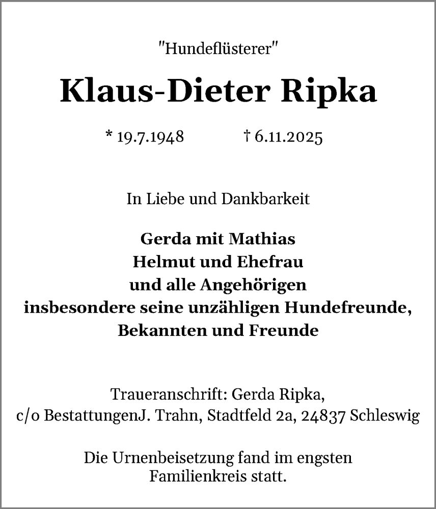  Traueranzeige für Klaus-Dieter Ripka vom 13.12.2025 aus Schleswiger Nachrichten, Schlei-Bote