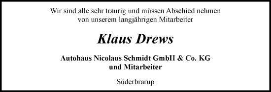 Traueranzeige von Klaus Drews von Schleswiger Nachrichten, Schlei-Bote