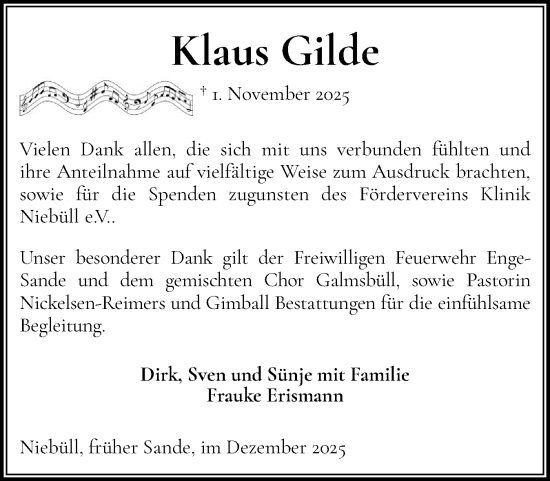 Traueranzeige von Klaus Gilde von Husumer Nachrichten, Nordfriesland Tageblatt