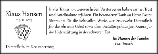 Traueranzeige von Klaus Hansen von Norddeutsche Rundschau, Wilstersche Zeitung, Glückstädter Fortuna