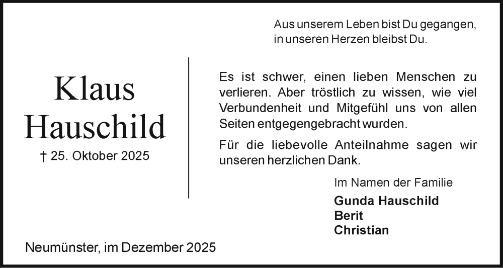  Traueranzeige für Klaus Hauschild vom 06.12.2025 aus Holsteinischer Courier