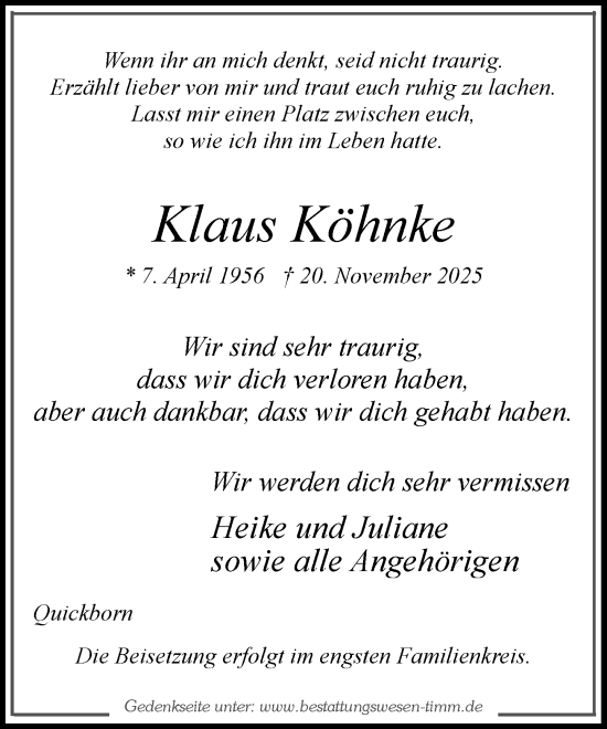 Traueranzeige von Klaus Köhnke von Umschau