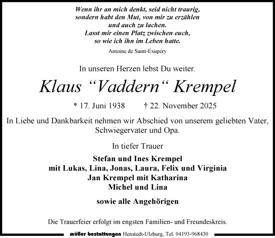 Traueranzeige von Klaus Krempel von Umschau