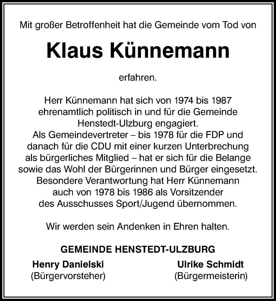  Traueranzeige für Klaus Künnemann vom 13.12.2025 aus Umschau