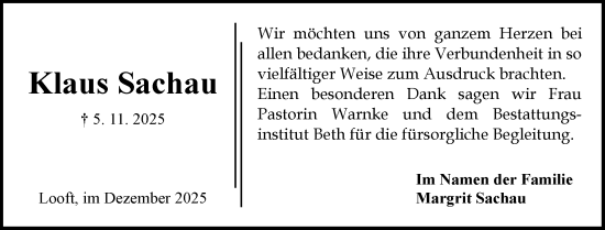 Traueranzeige von Klaus Sachau von Norddeutsche Rundschau, Wilstersche Zeitung, Glückstädter Fortuna