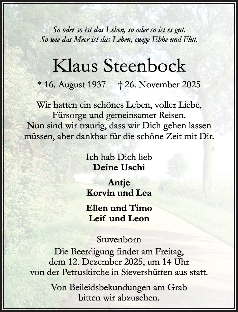  Traueranzeige für Klaus Steenbock vom 06.12.2025 aus Umschau