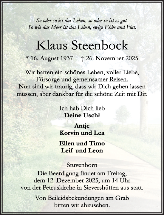 Traueranzeige von Klaus Steenbock von Umschau