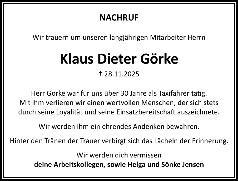  Traueranzeige für Klaus Dieter Görke vom 13.12.2025 aus Die WochenSchau Gesamtausgabe
