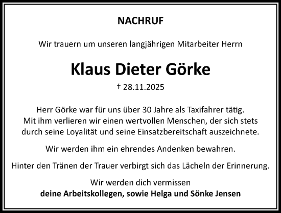 Traueranzeige von Klaus Dieter Görke von Die WochenSchau Gesamtausgabe