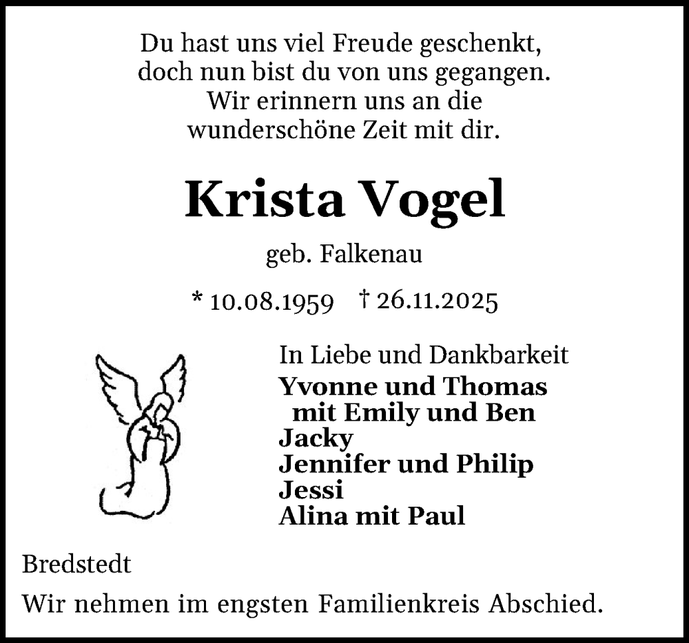  Traueranzeige für Krista Vogel vom 03.12.2025 aus Husumer Nachrichten, Nordfriesland Tageblatt