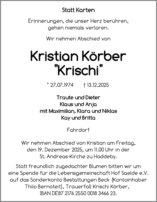Traueranzeige von Kristian Körber von Schleswiger Nachrichten, Schlei-Bote