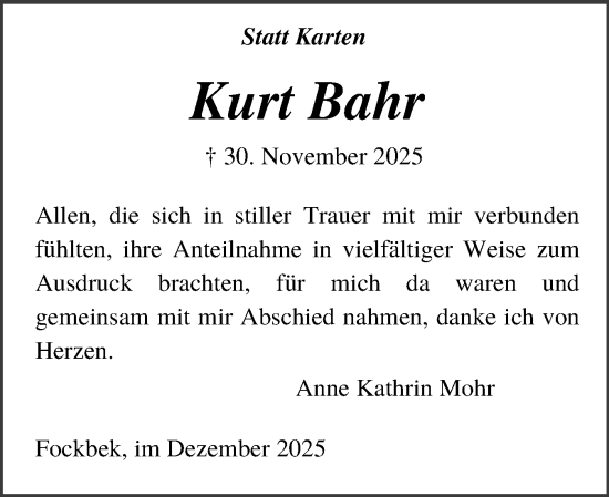 Traueranzeige von Kurt Bahr von Schleswig-Holsteinische Landeszeitung