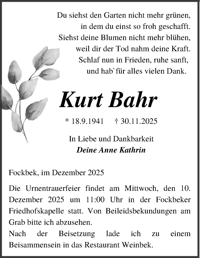  Traueranzeige für Kurt Bahr vom 06.12.2025 aus Schleswig-Holsteinische Landeszeitung