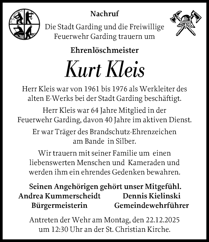  Traueranzeige für Kurt Kleis vom 22.12.2025 aus Husumer Nachrichten, Nordfriesland Tageblatt