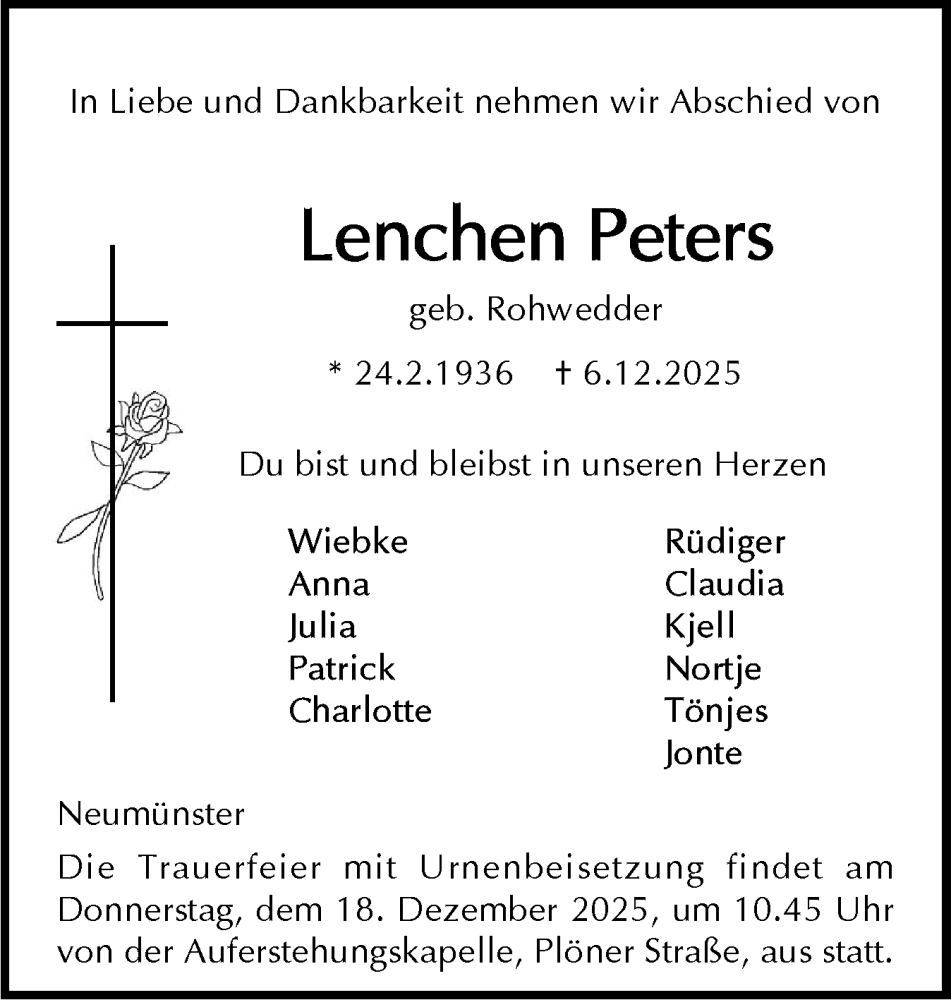  Traueranzeige für Lenchen Peters vom 13.12.2025 aus Holsteinischer Courier