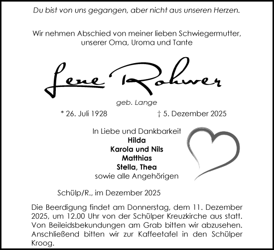 Traueranzeige von Lene Rohwer von Schleswig-Holsteinische Landeszeitung