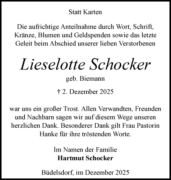 Traueranzeige von Lieselotte Schocker von Schleswig-Holsteinische Landeszeitung
