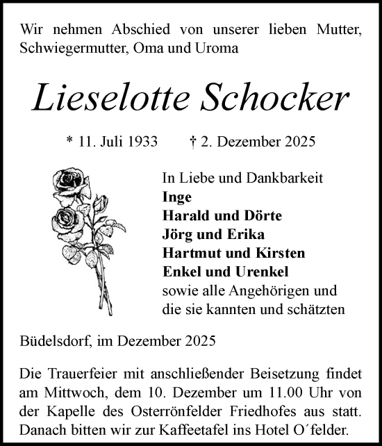 Traueranzeige von Lieselotte Schocker von Schleswig-Holsteinische Landeszeitung